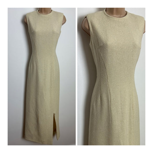 Vintage 1960s Size 8 Cream Wool Sleeveless Column Style Split Front Maxi Dress