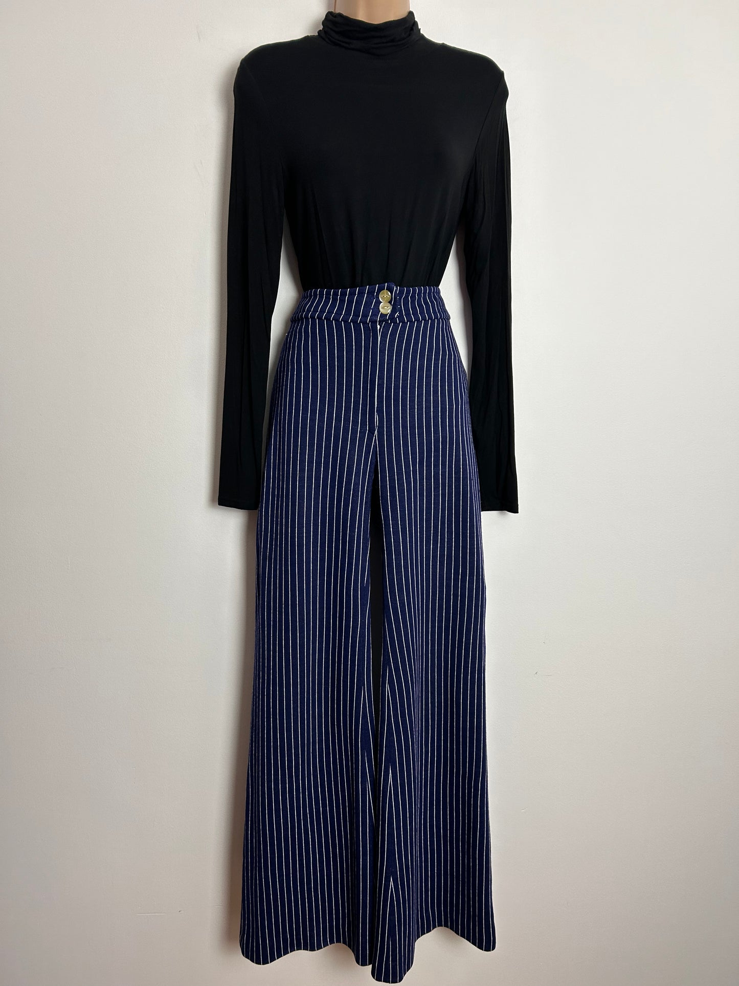 Vintage Early 1970s ST MICHAEL UK Size 8 Navy Blue & White Pinstripe Jersey Flared Trousers