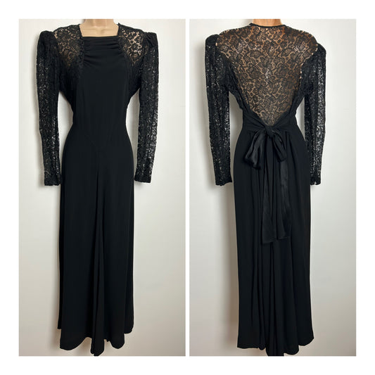 Vintage 1930's 1940's Size 14 STUNNING Black Lace & Satin Backed Rayon Evening Occasion Gown