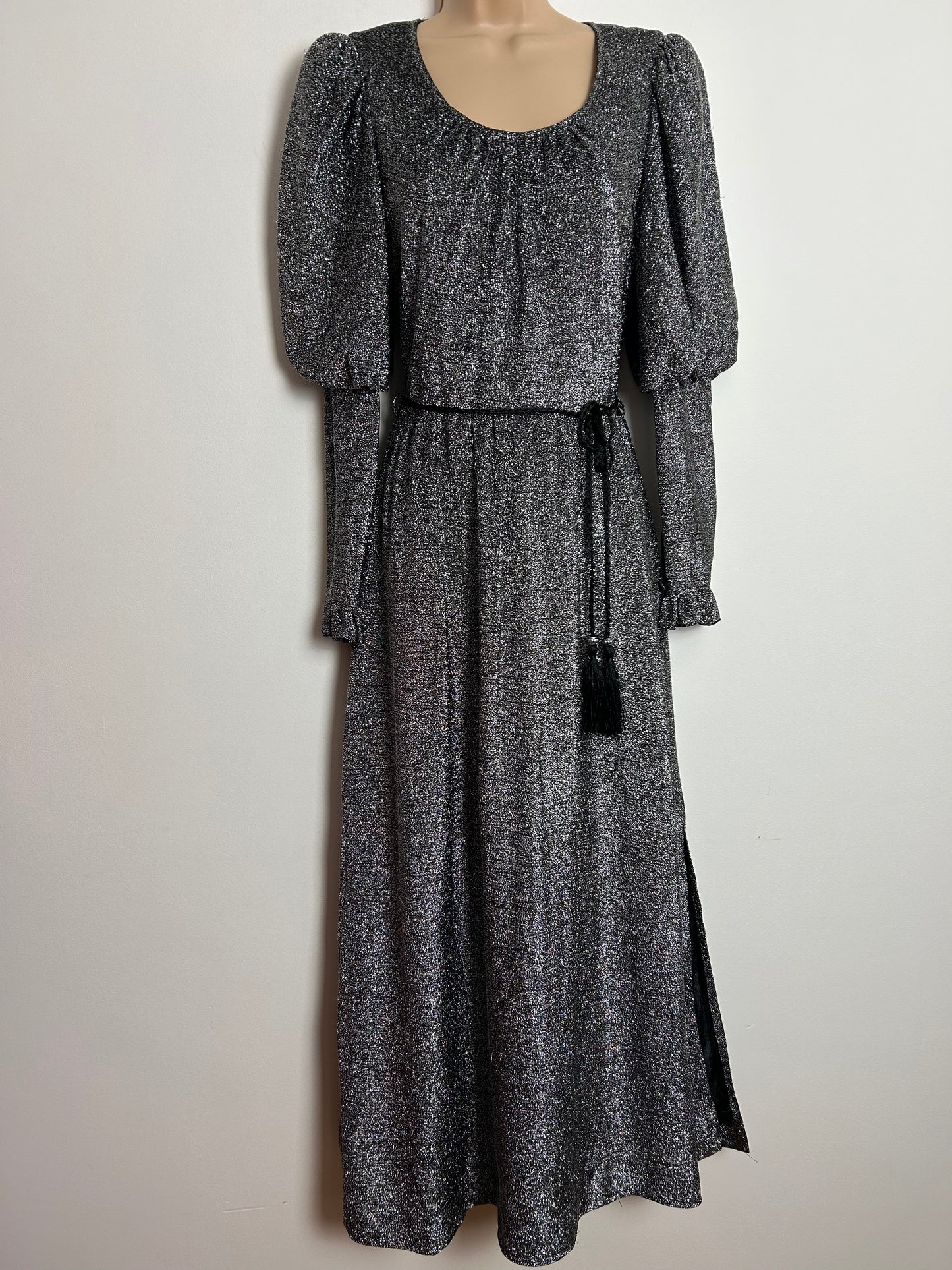 Vintage 1970s UK Size 8 Silver Glittery Lurex Long Juliet Sleeve Belted Party Evening Maxi Dress