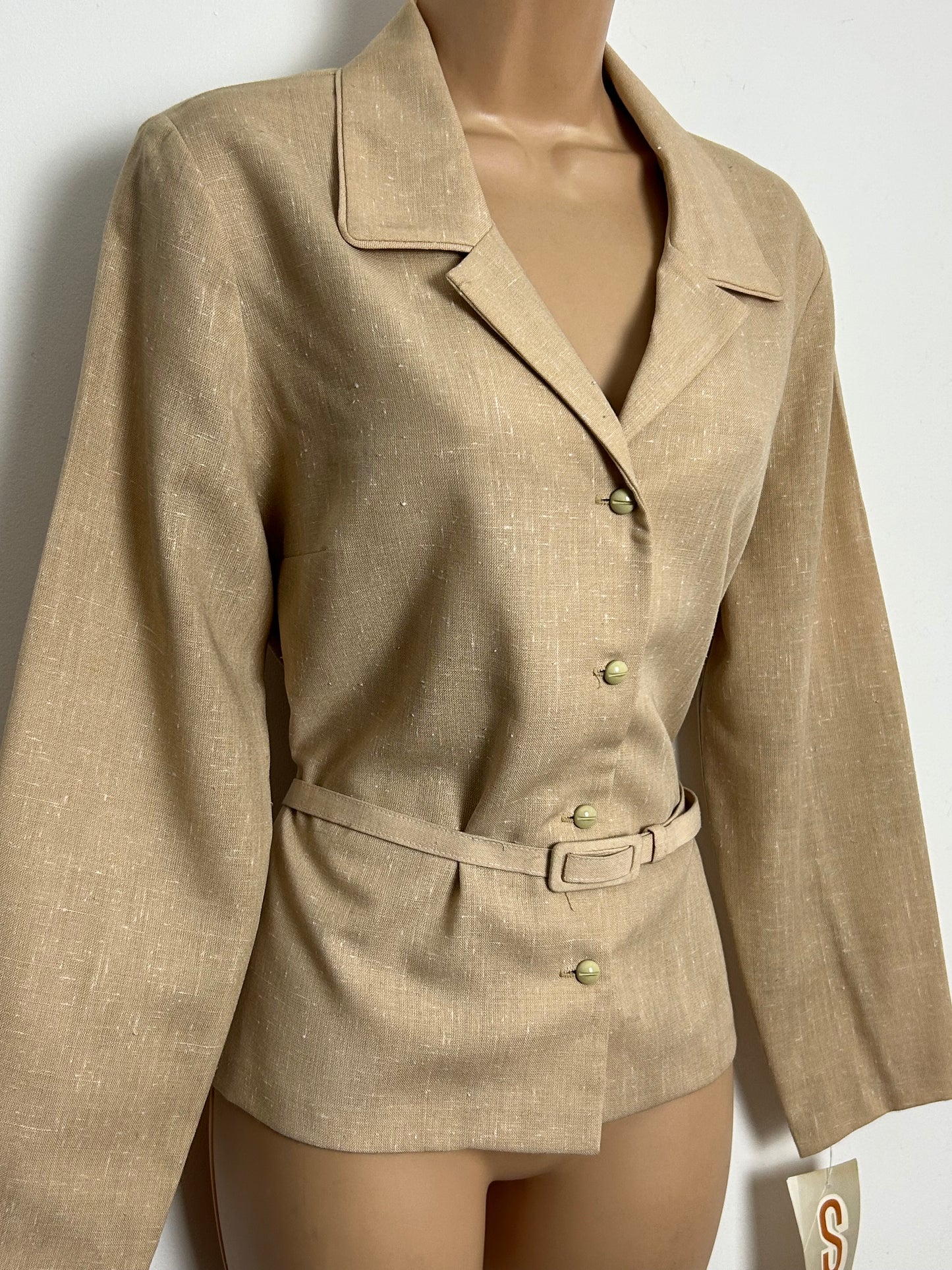 Vintage Late 1960s Deadstock SLIMRAY Size 14 Beige Long Sleeve Belted Shirt