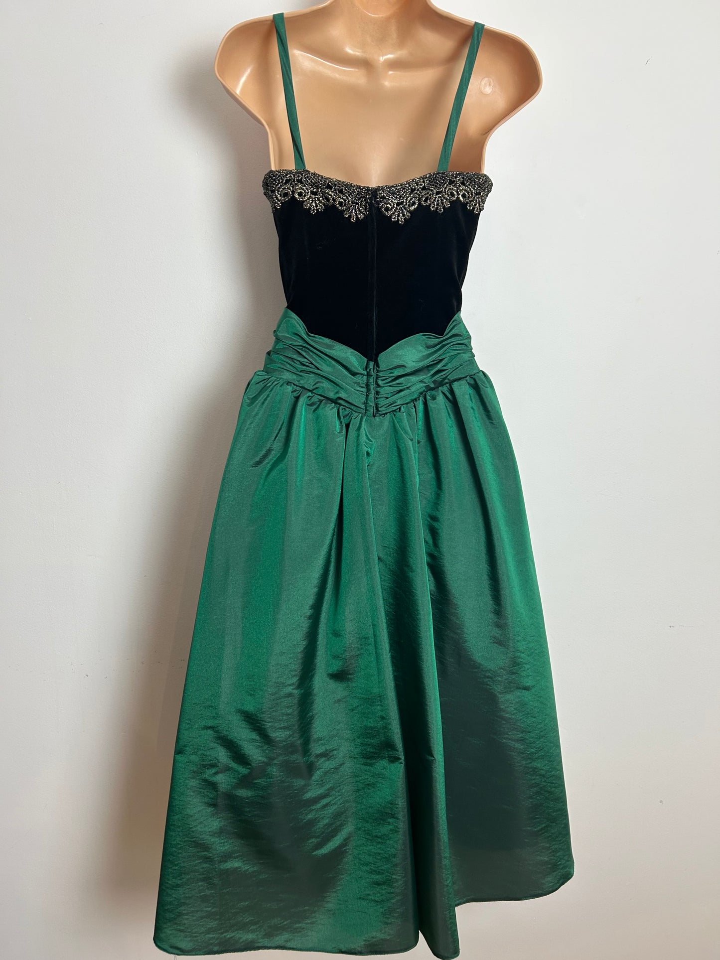 Vintage 1980s Size 12 Black & Dark Green Velvet & Satin Taffeta Braid Trim Xmas Party Dress