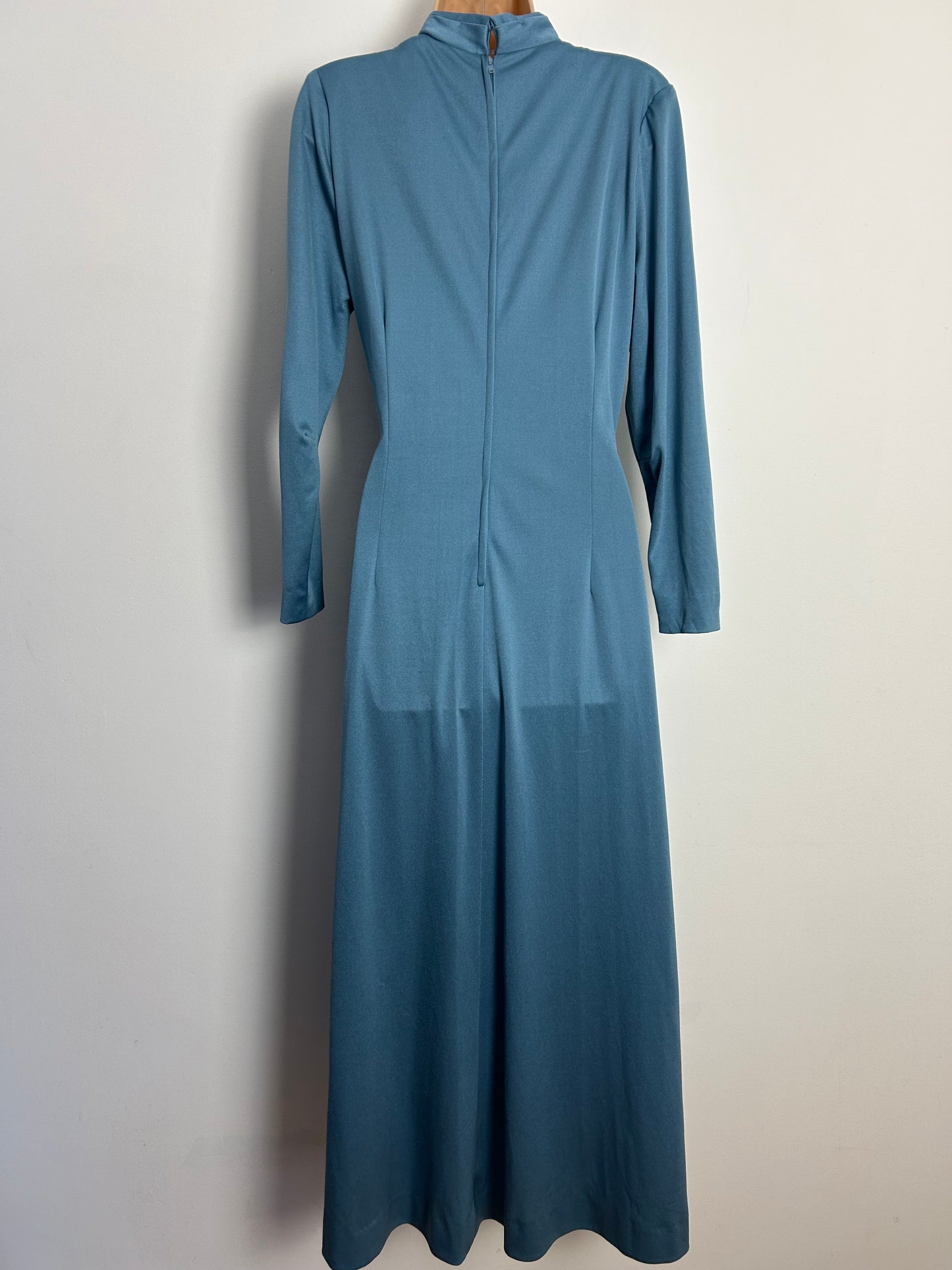 Vintage 1970s MARJON COUTURE & BAKER SPORTSWEAR UK Size 12 -14 Dusky Blue Long Sleeve Bead & Diamante Detail Occasion Maxi Dress