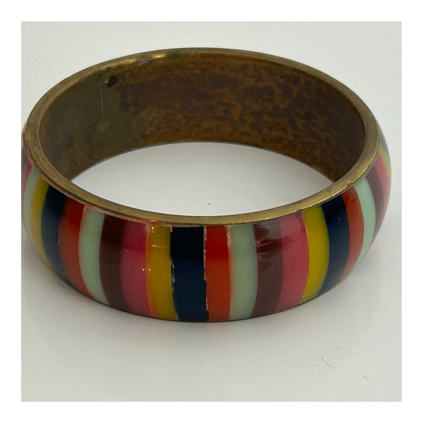 Vintage 1980s Gorgeous Brass Bangle With Multicolour Stripe Pattern