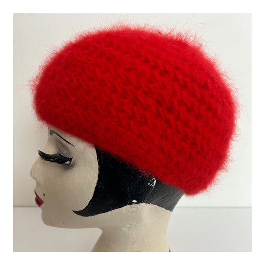 Vintage Red Wool & Angora Chunk Open Stitch Reversible Beanie Beret Style Hat