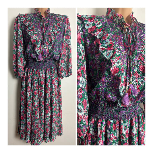 Vintage 1980s INDIGO LITES Size 12-14 Purple Pink & Green Floral Print Tie Neck Midi Day Dress