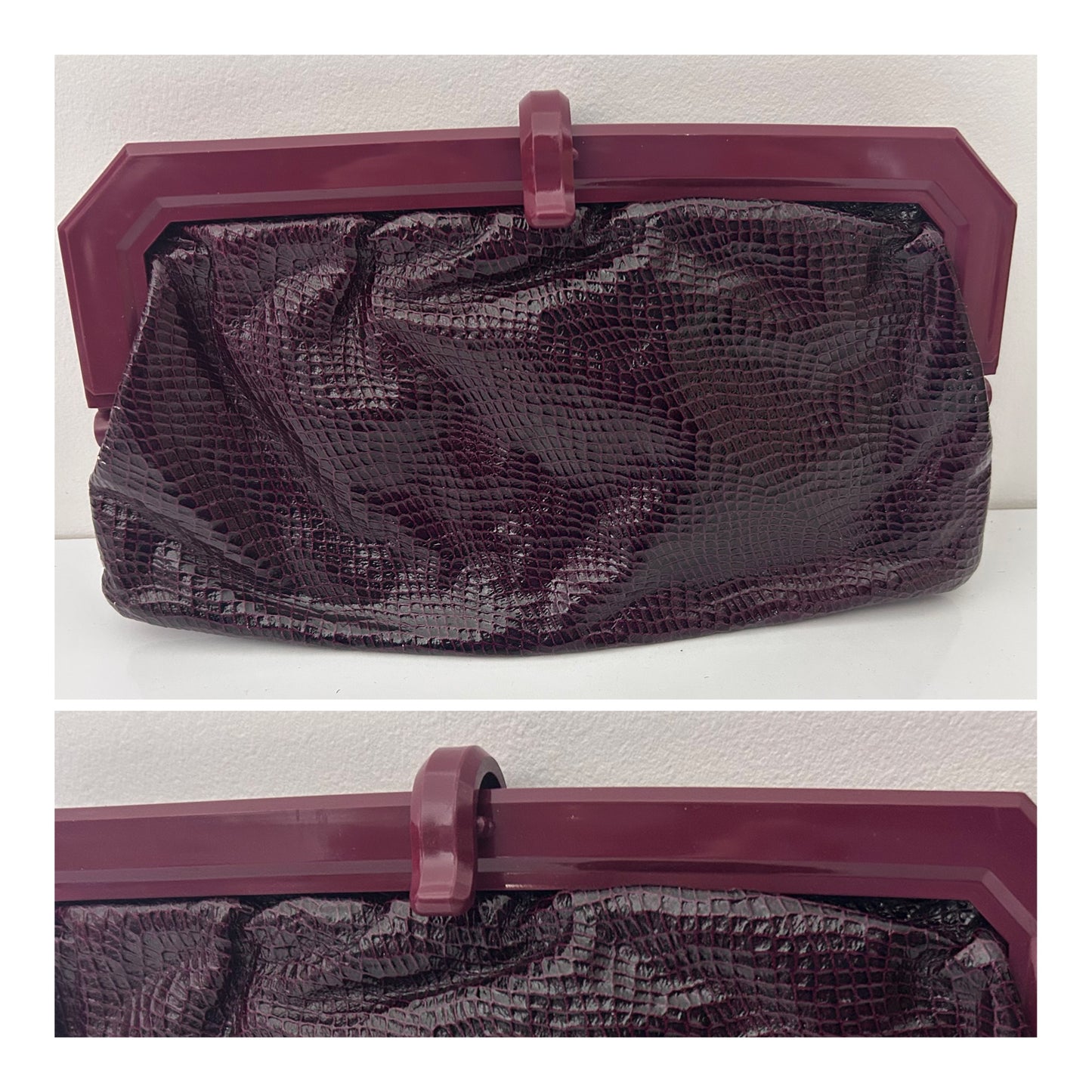 Vintage 1980s ITALIAN Burgundy Wine Red Mock Reptile Skin Clutch Bag