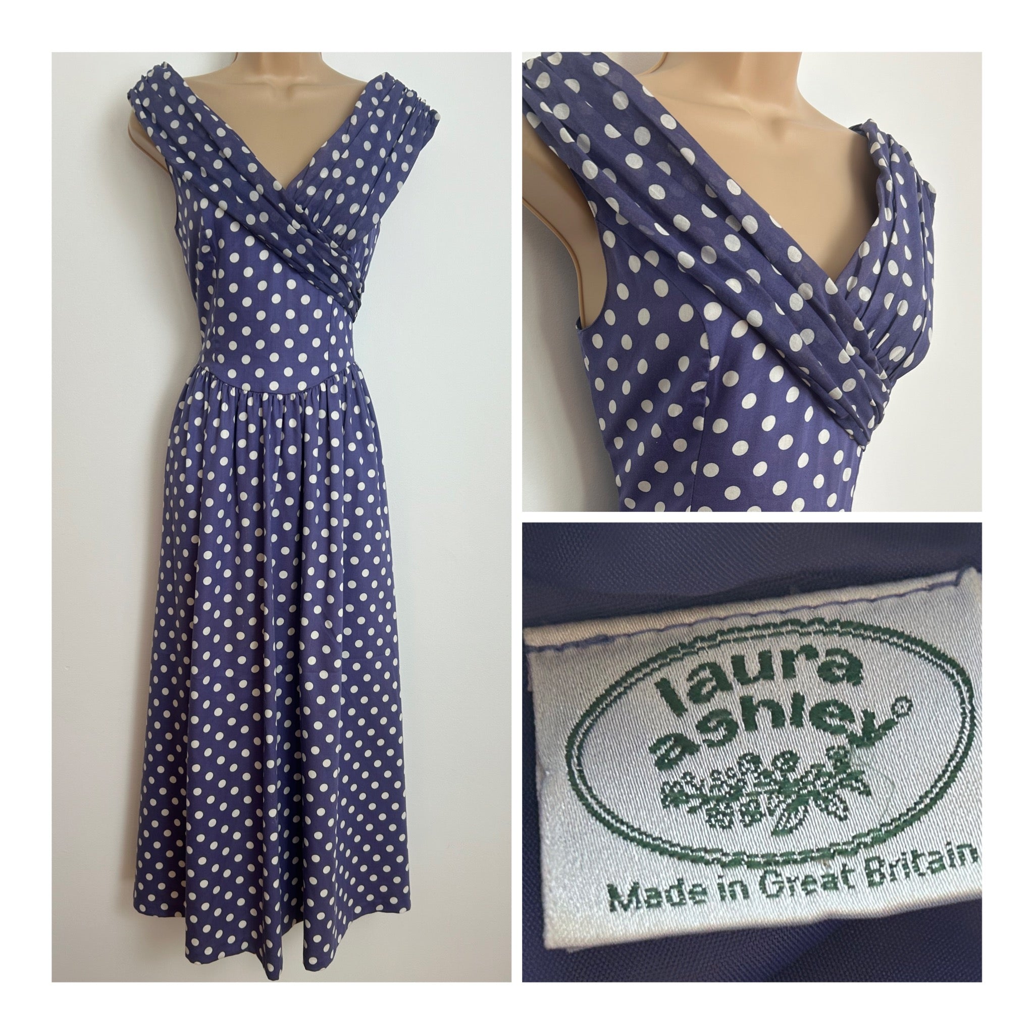 Vintage 1980s LAURA ASHLEY Size 8 (Size 12 On Label) Blue & White Polk ...