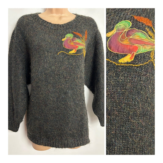 Vintage 1980s One Size Up To Size 16 /18 Dark Grey Mohair Mix Duck Applique Long Sleeve Jumper