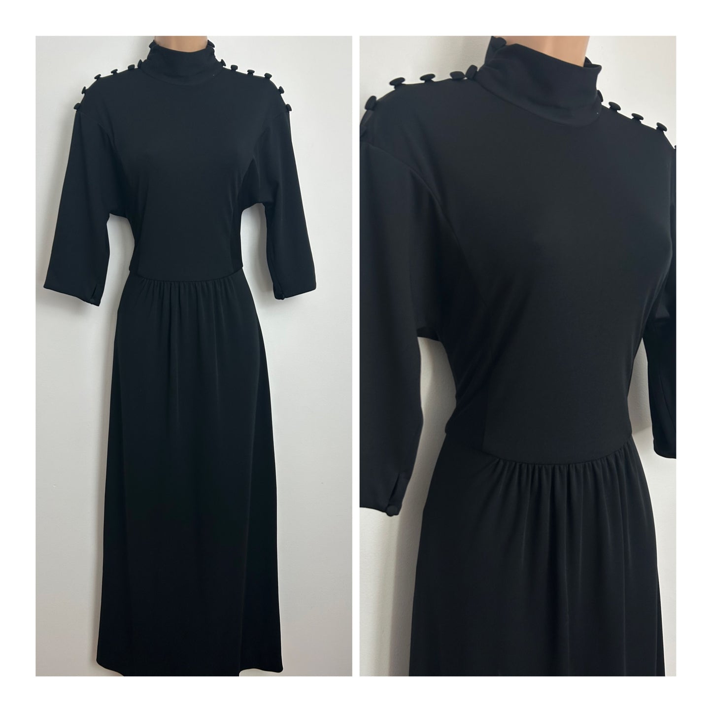 Vintage 1970s PETRONELLA Size 8 Black Button Shoulder Split Sleeve Maxi Dress