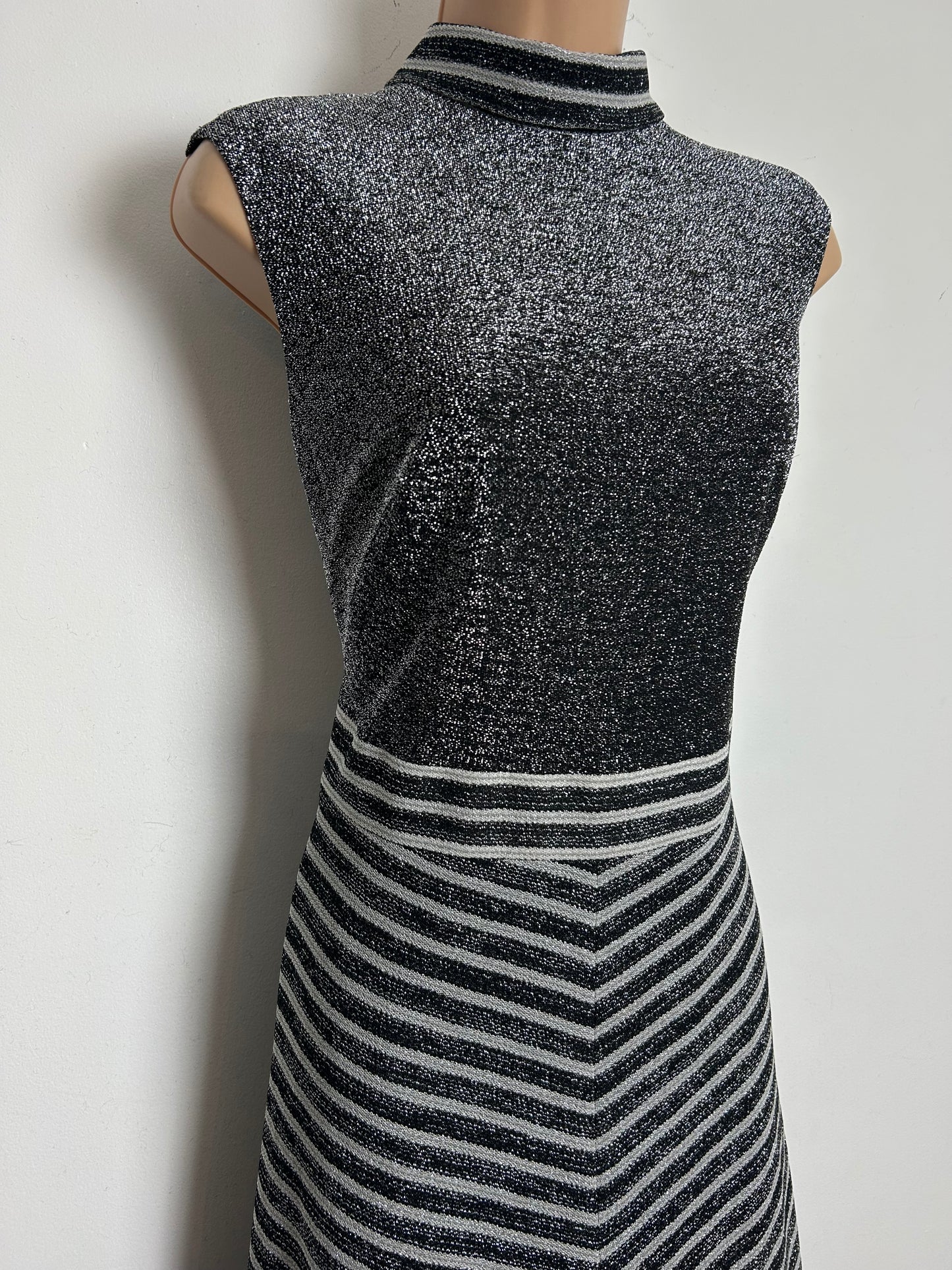 Vintage 1970s Size 12 Black & Silver Lurex Stripe Print Sleeveless Evening Maxi Dress