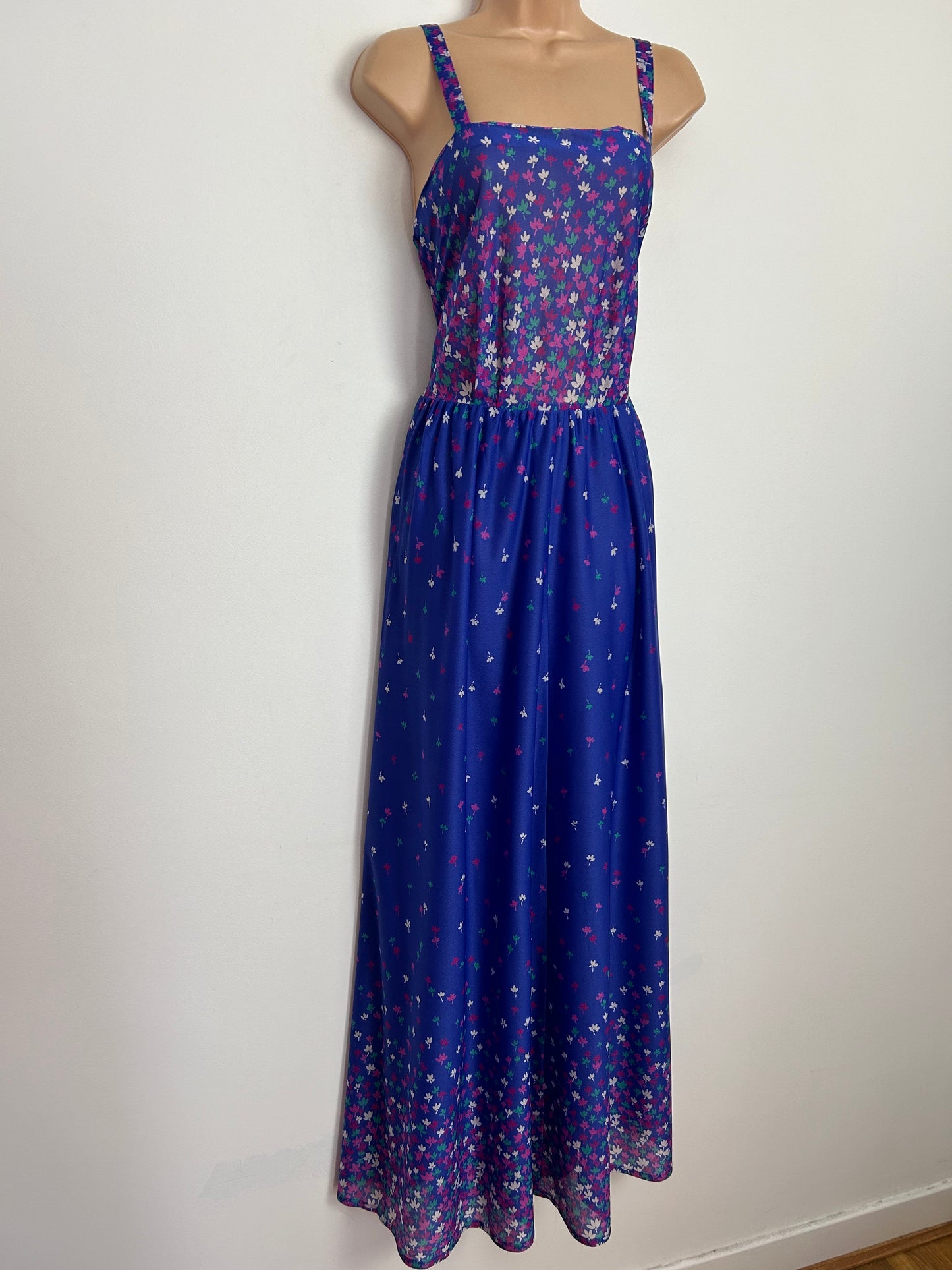 Vintage Late 1970s UK Size 10 Blue Pink Green & White Floral Print Strappy Maxi Dress