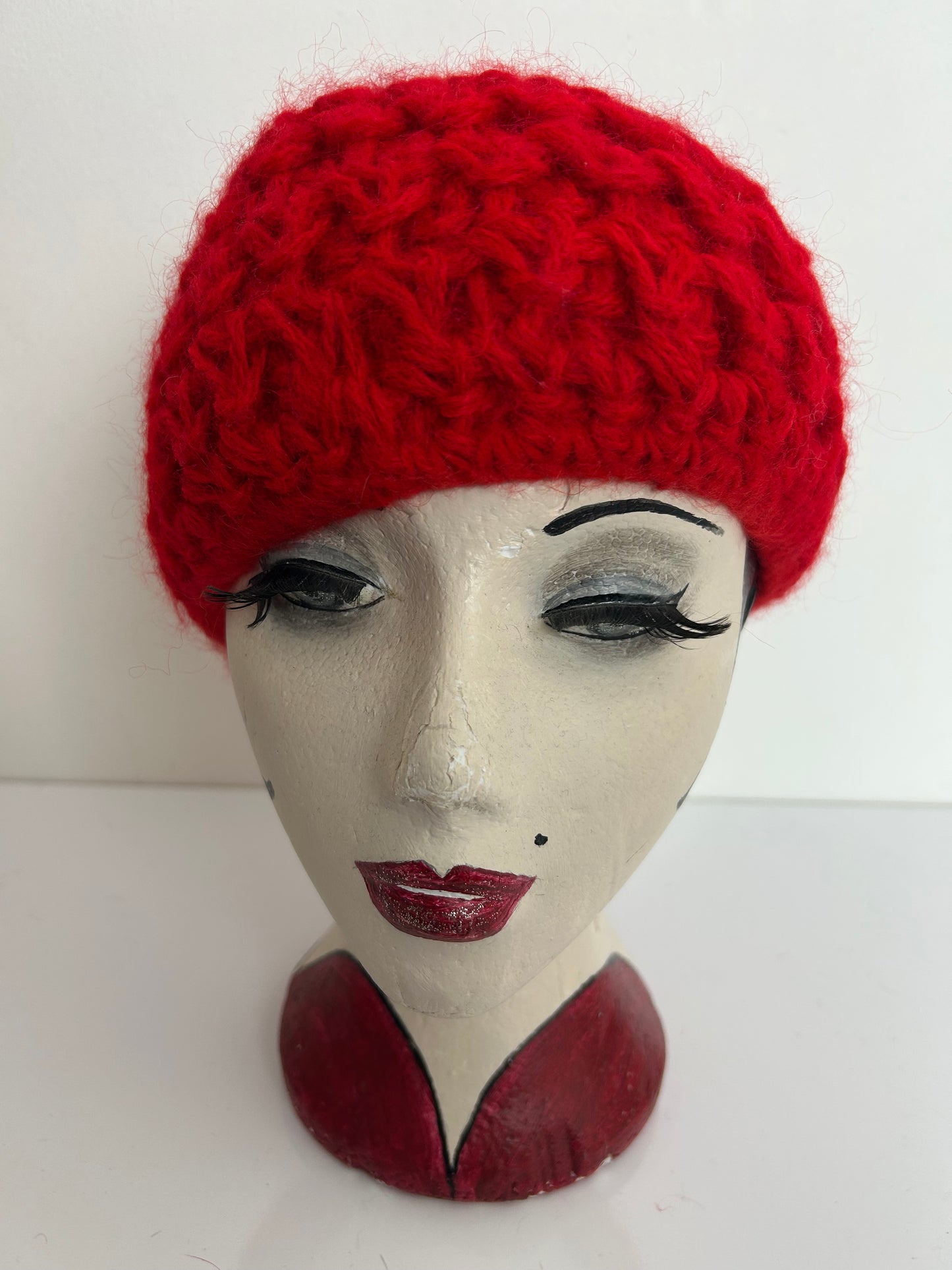 Vintage Red Wool & Angora Chunk Open Stitch Reversible Beanie Beret Style Hat
