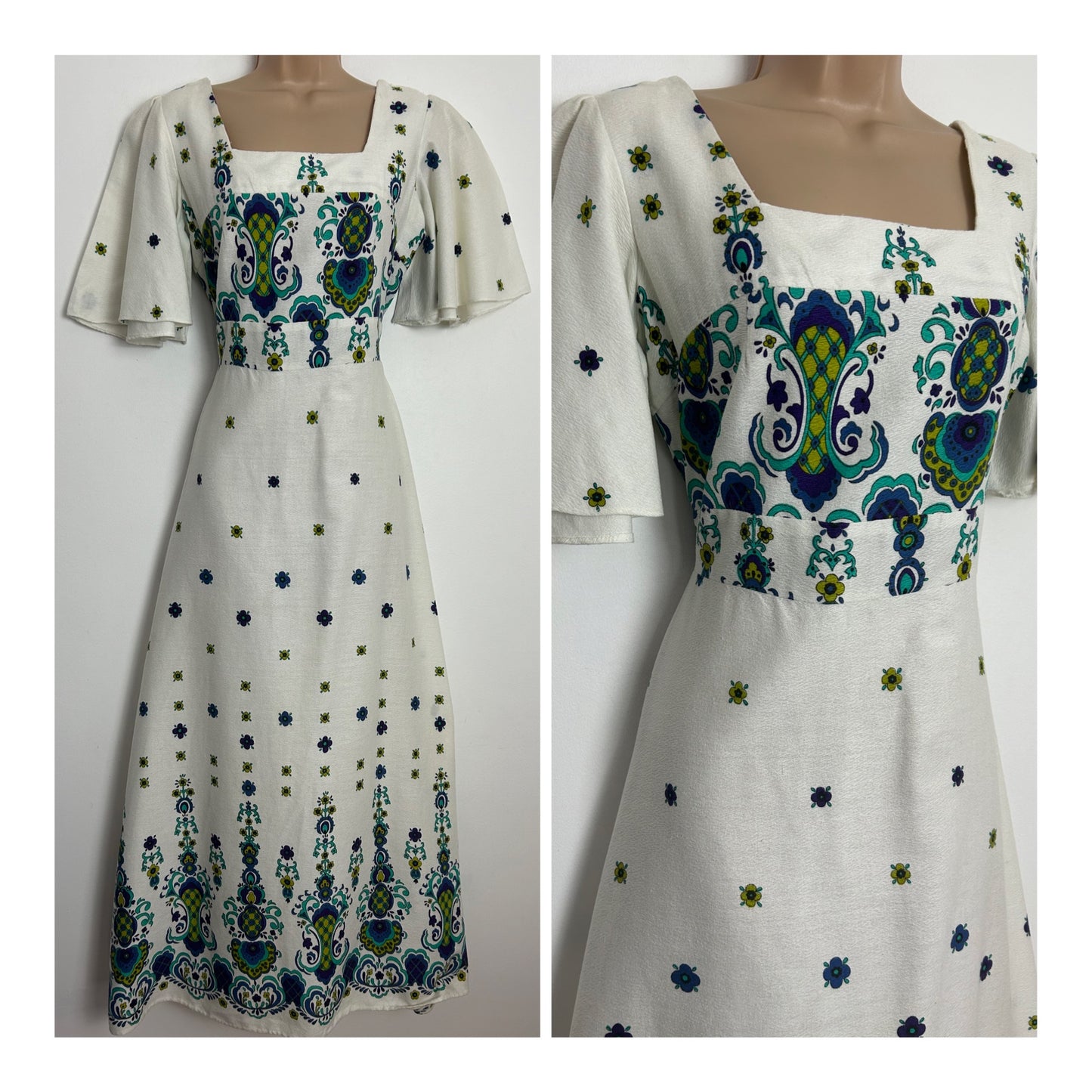 Vintage 1970s UK Size 10 Beautiful White Blue & Green Tones Floral Print 100% Cotton Boho Summer Maxi Dress
