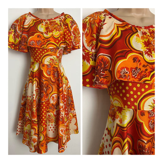Vintage 1970s Size 6 Cute Orange Yellow & Red Floral & Polka Dot Print Cape Sleeve Dress