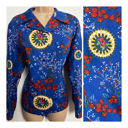 Vintage 1970s UK Size 14 Blue Red & Orange Floral Print Long Sleeve Shirt