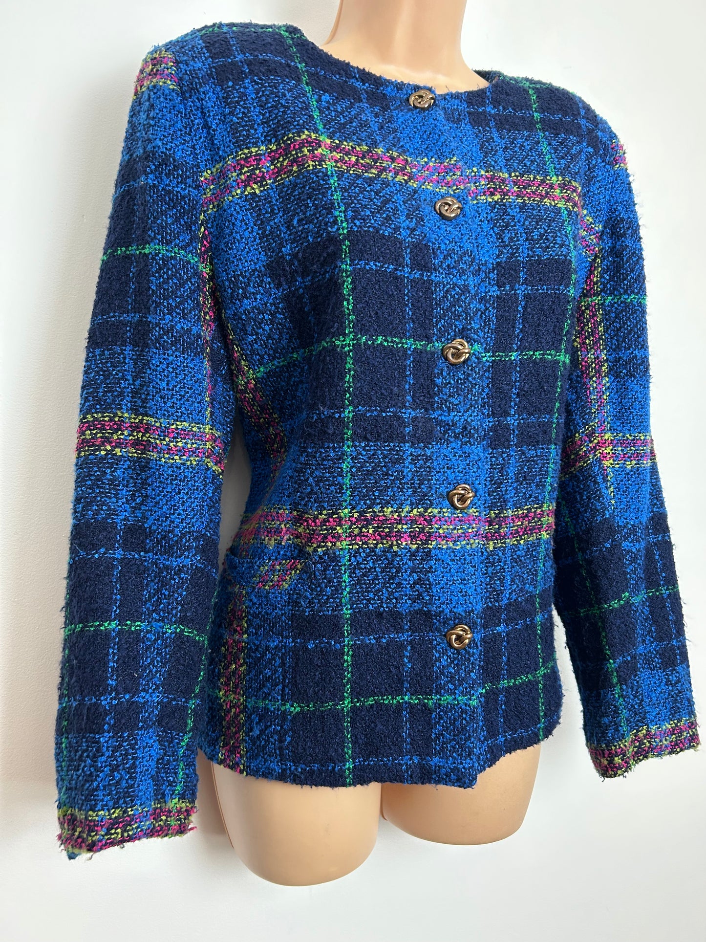 Vintage VINCI CLOTHIERS Size 14 Blue Check Boucle Collarless Boxy Jacket