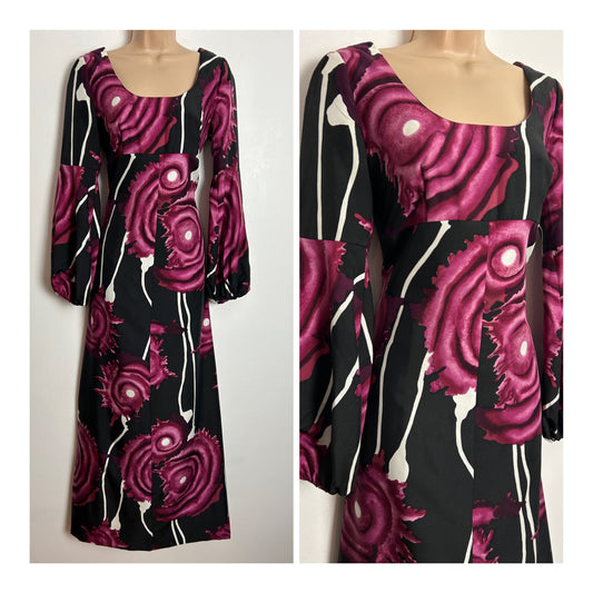 Vintage 1970s Size 8 Black Plum & Dark Pink  Abstract Print Long Sleeve Maxi Dress