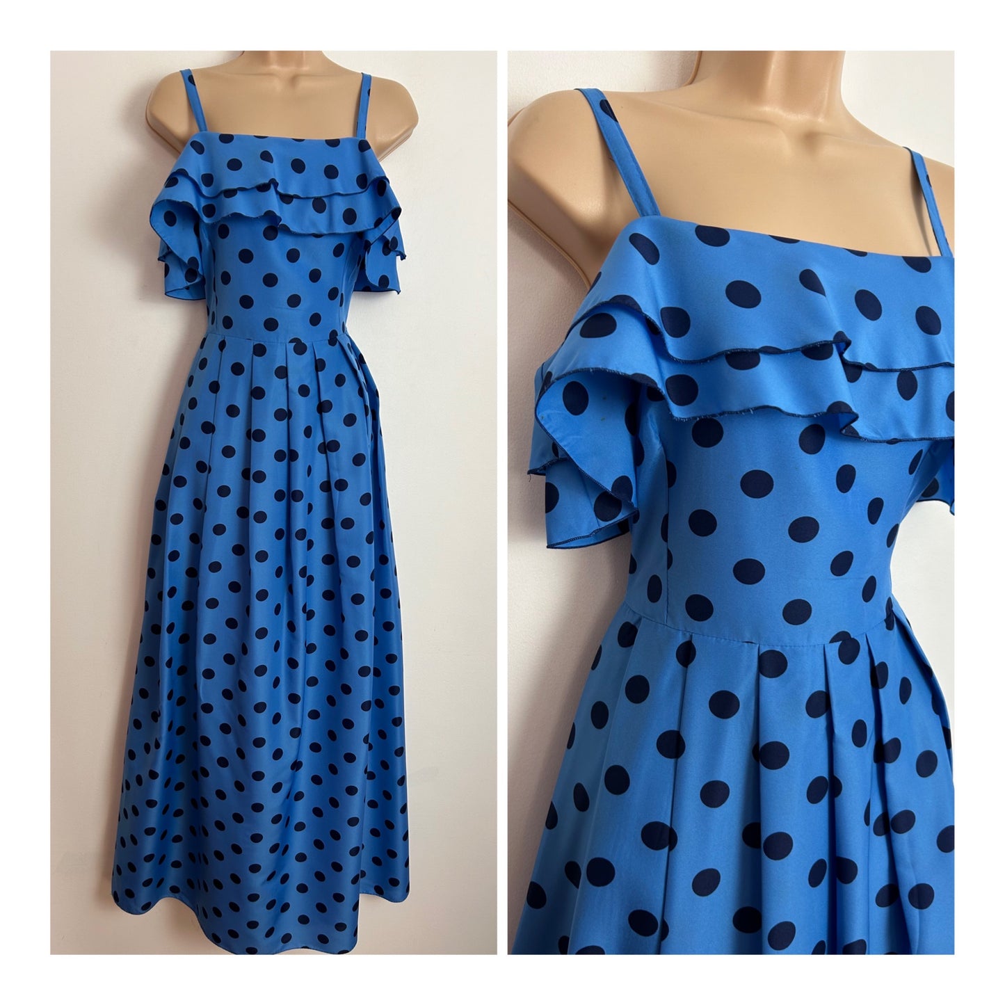 Vintage Late 1970s UK Size 10 Blue & Navy Polka Dot Strappy Ruffle Trim Pleated Maxi Dress