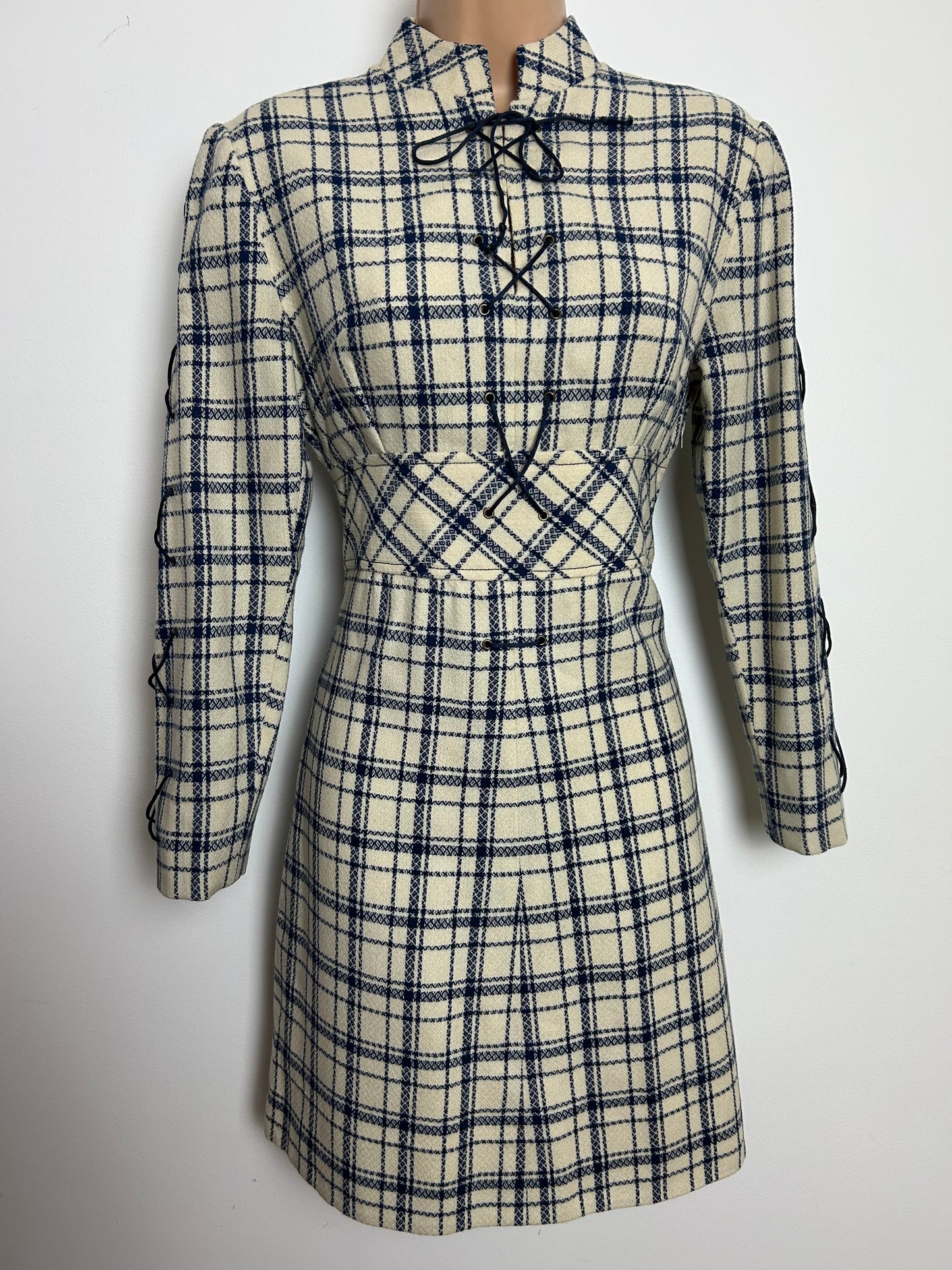 Vintage 1960s Size 8 Cream & Blue Check Pattern Wool Long Sleeve Lace Up Detail Mod Dress