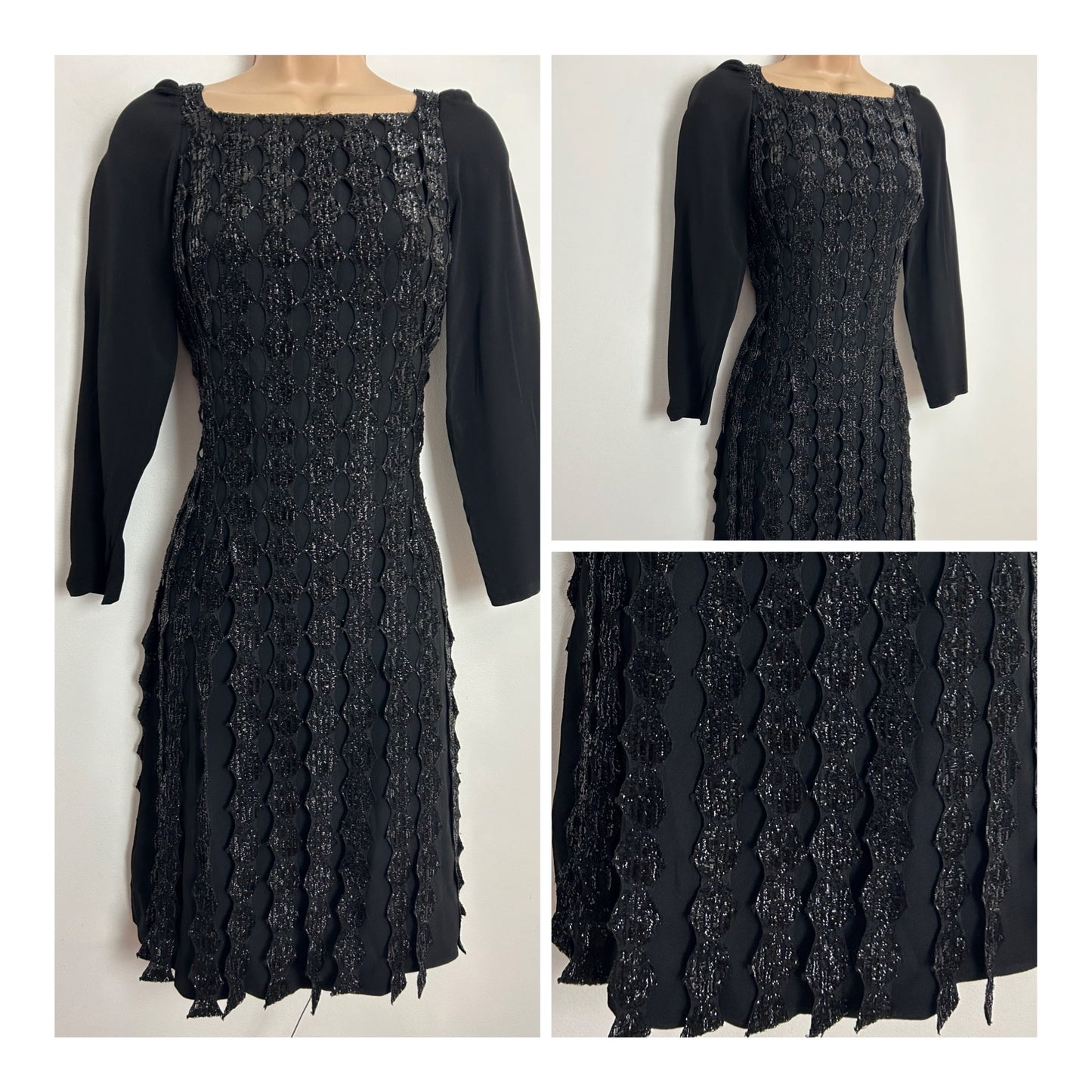 Vintage 1960s UK Size 6-8 Black Chiffon Crepe Cut Out Outer Shell Detail Occasion Cocktail Shift Dress