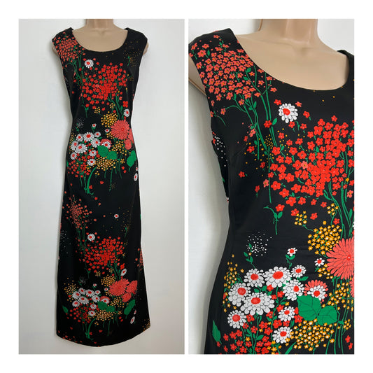Vintage 1970s Size 12 Black Orange Red & Green Floral Print Sleeveless Maxi Dress