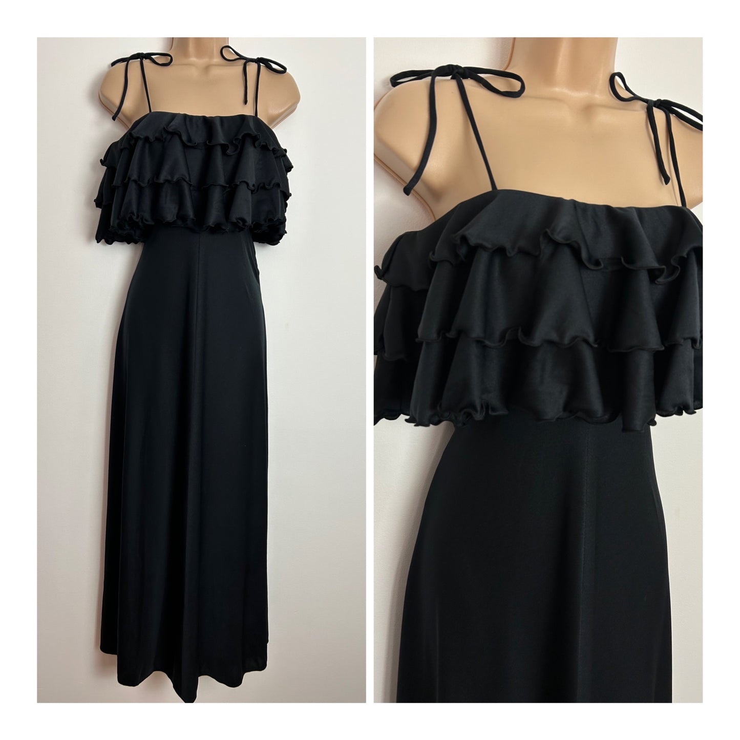 Vintage 1970s UK Size 6-8 Black Trina Lewis & Marjon Couture Ruffle Layered Tie Shoulder Boho Maxi Dress