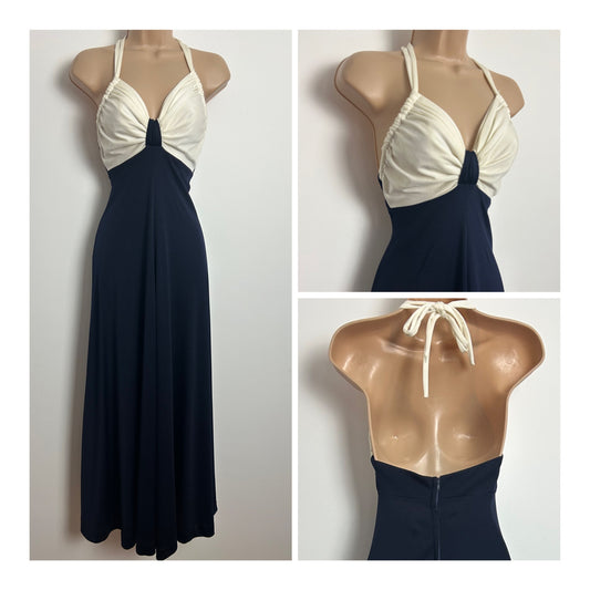 Vintage 1970s JOHN MARKS BY ANNE TYRRELL Size 6 Navy Blue & Cream Halter Summer Occasion Maxi Dress