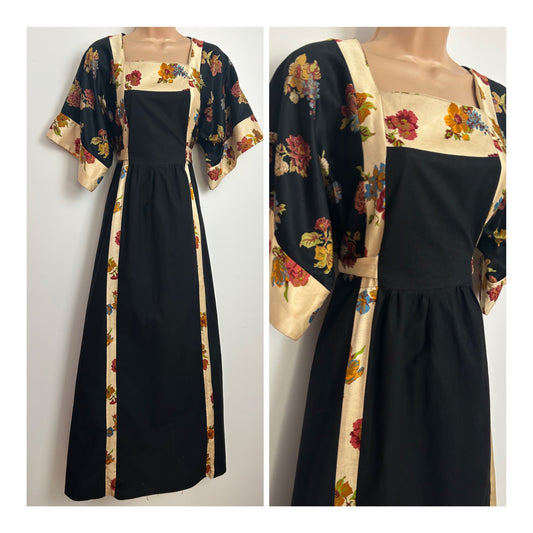 Vintage 1970s Size 12-14 Black & Cream Floral Print Short Wide Sleeves Cotton Mix Tie Back Boho Maxi Dress
