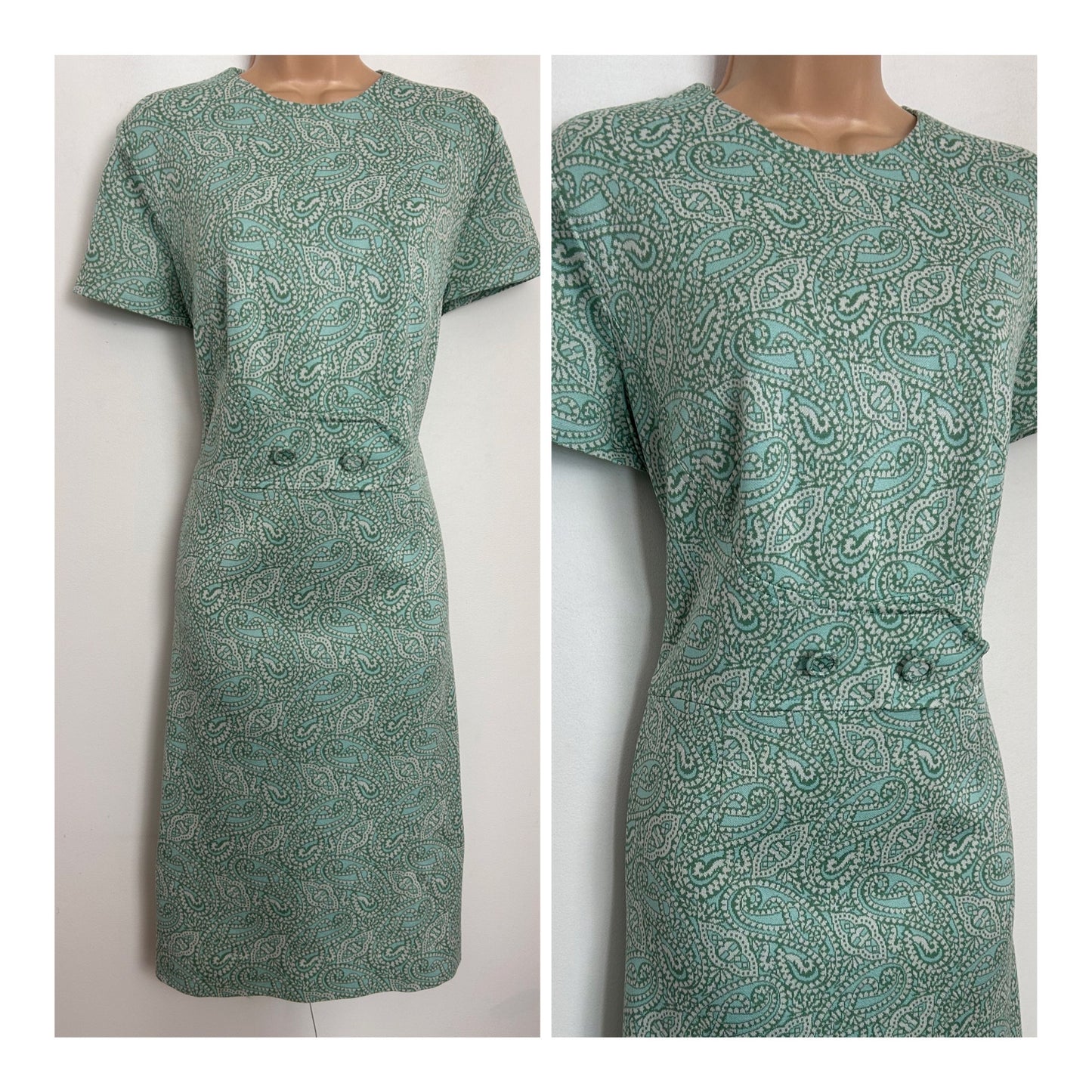 Vintage 1960s UK Size 16 Green Tones Paisley Print Crimplene Mod Shift Dress