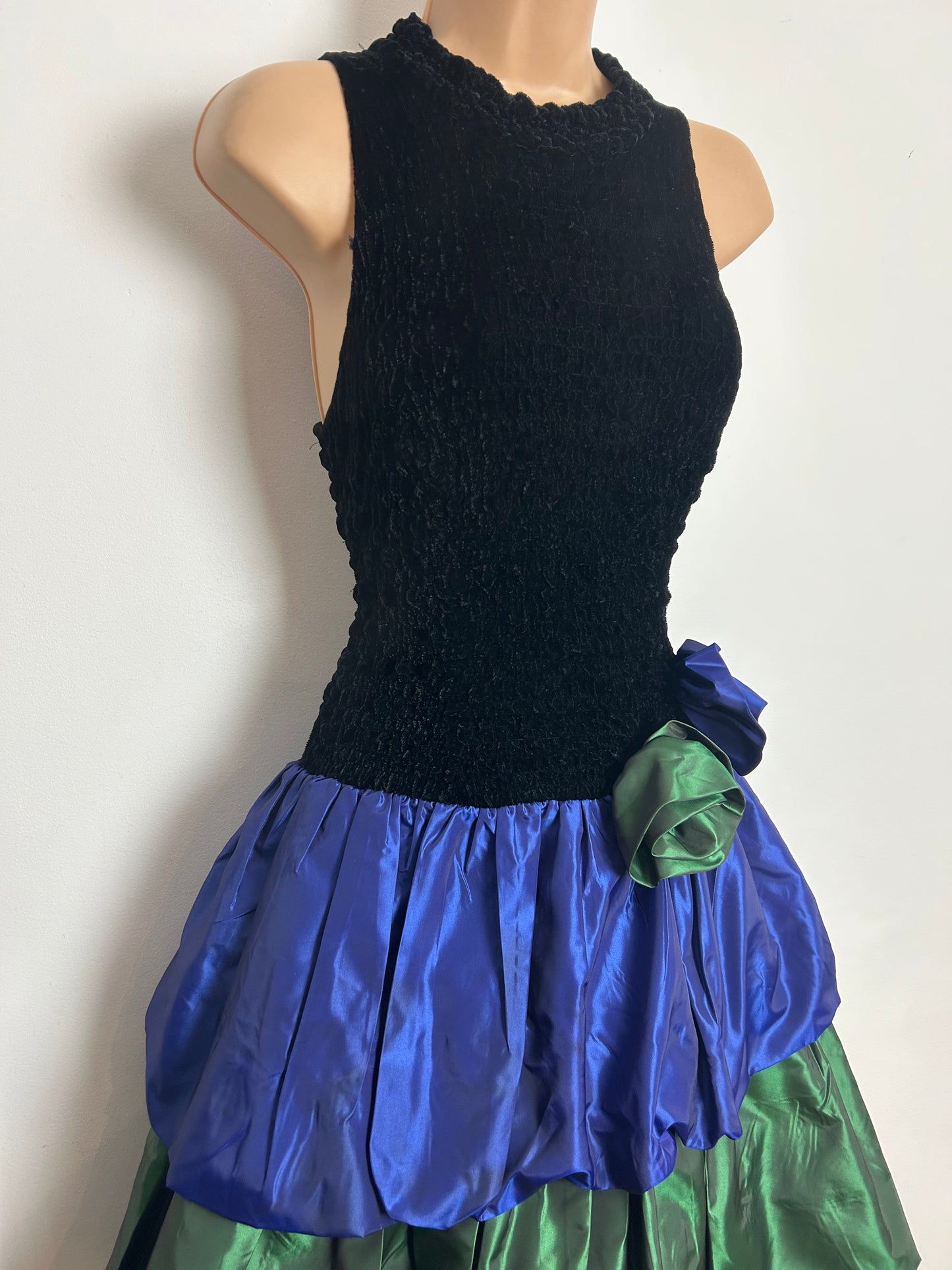 Vintage 1980s Size 10-12 Black Purple & Green Velour & Taffeta Party Prom Dress