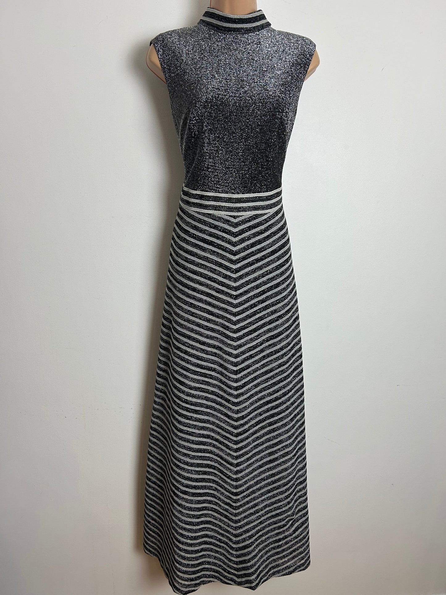 Vintage 1970s Size 12 Black & Silver Lurex Stripe Print Sleeveless Evening Maxi Dress