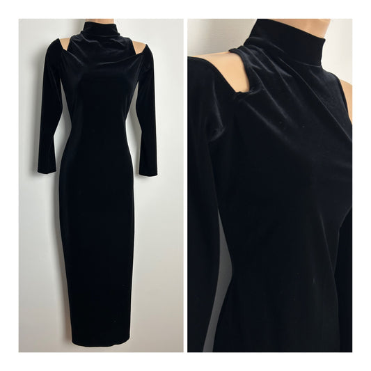 Vintage 1990s ORSAY Size 10-12 Black Velour Cold Shoulder Long Sleeve Fitted Occasion Evening Maxi Dress