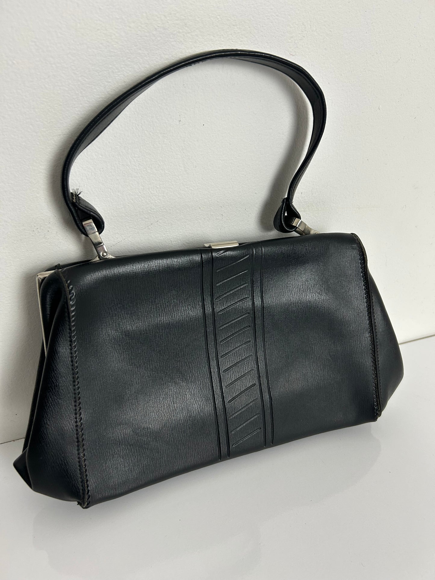 Vintage 1950s Small Black Faux Leather Silver Tone Kelly Style Handbag