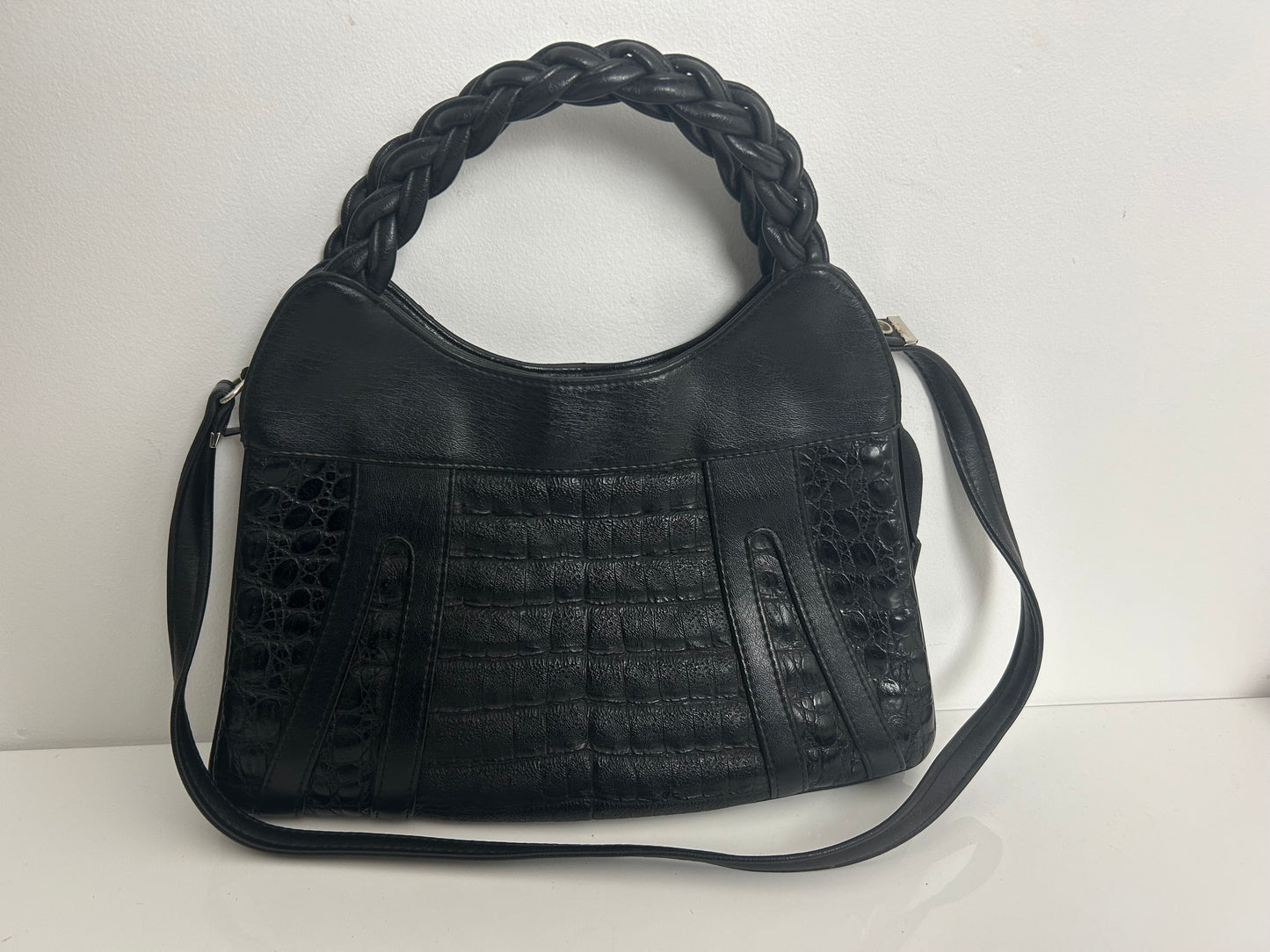 Vintage 1970s Lovely Soft Supple Black Mock Croc Leather Shoulder Or Handbag