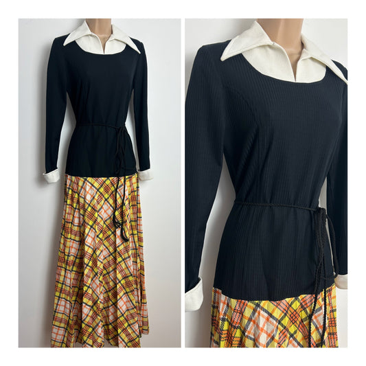 Vintage 1970s RICHARD SHOPS Size 8-10 Black White Orange & Yellow Check Print Long Sleeve Maxi Dress