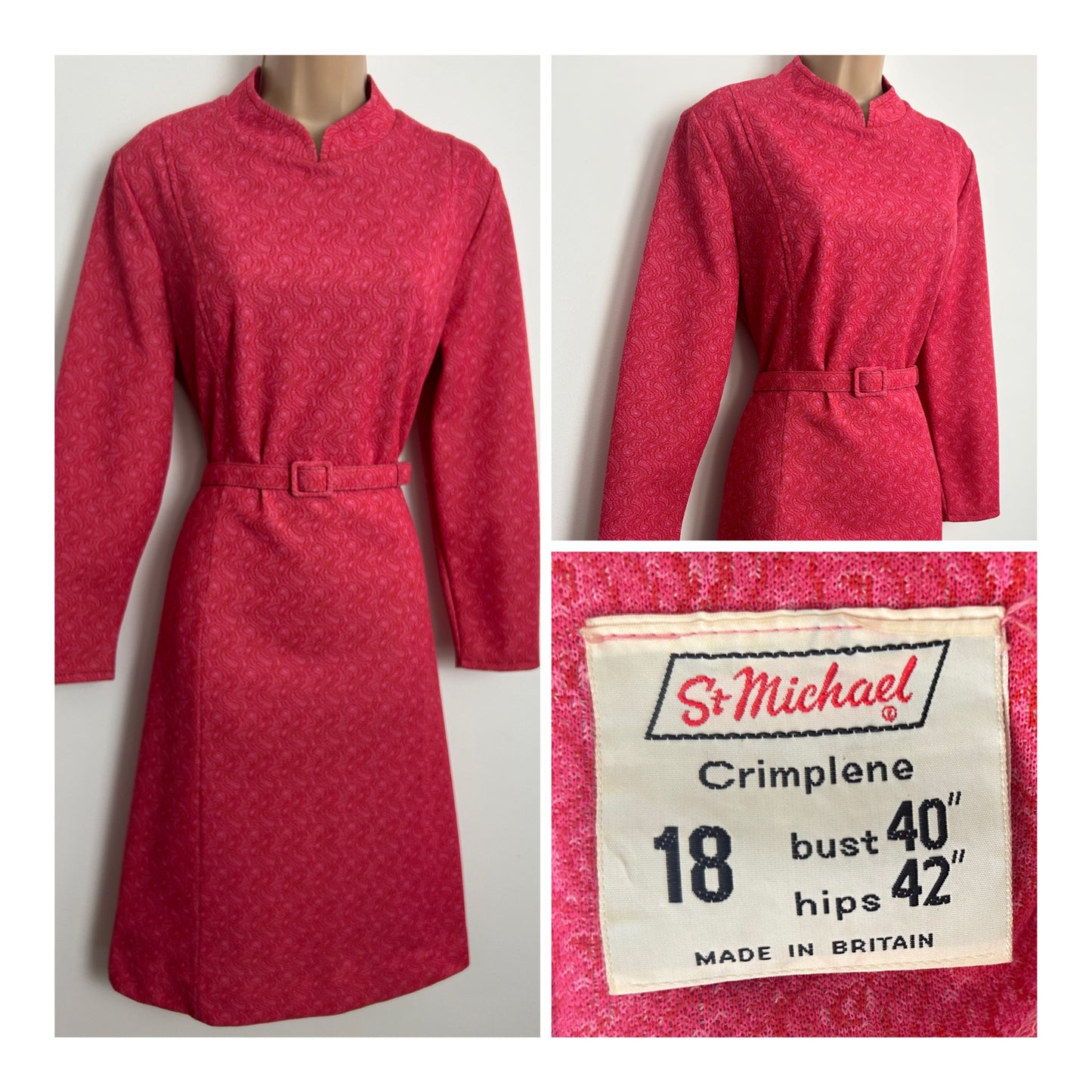 Vintage Late 1960s ST MICHAEL Size 14 Dark Pink Crimplene Paisley Pattern Belted Mod Day Dress