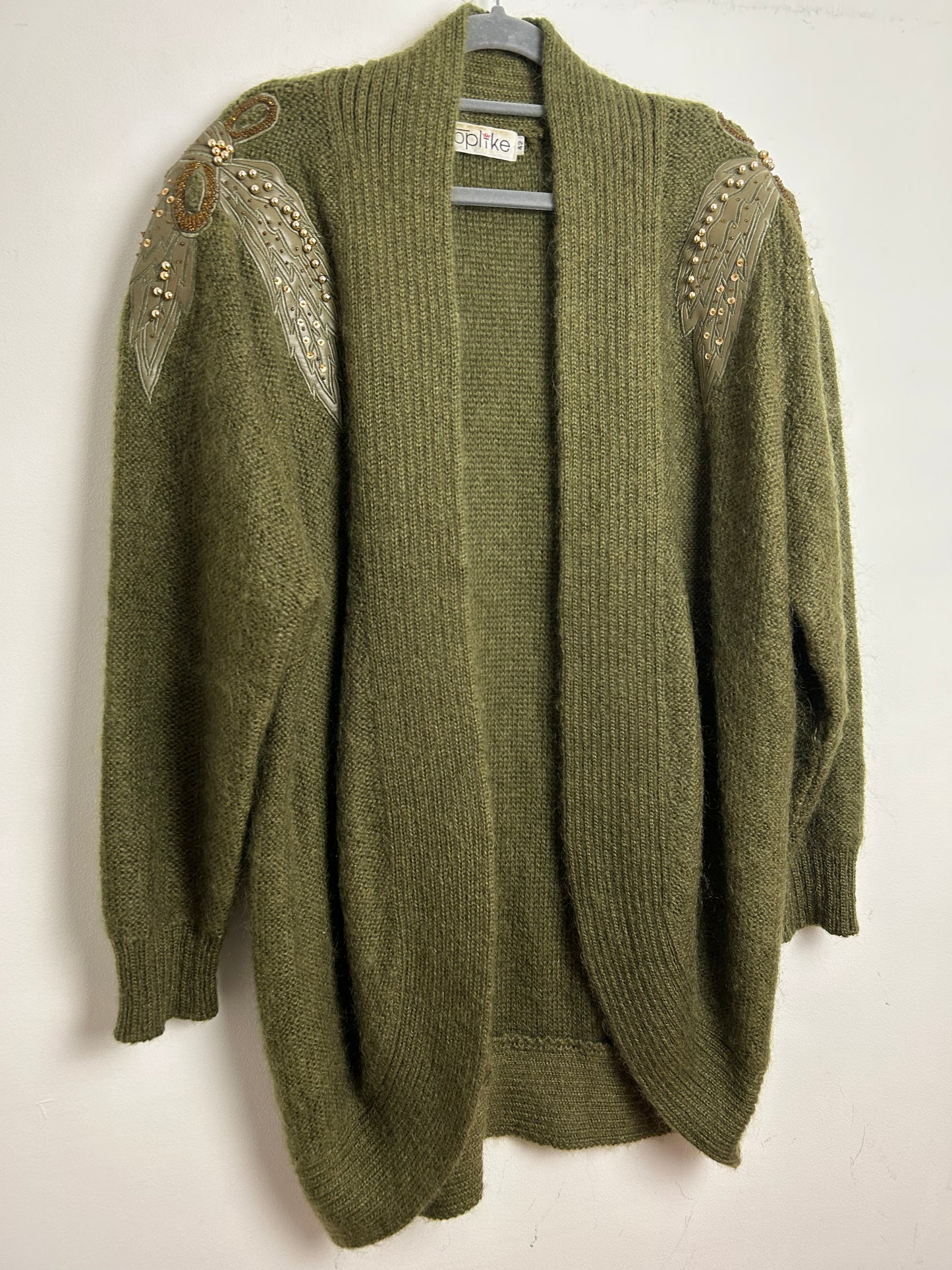 Vintage 1980s UP To Size 16 Olive Green Mohair Mix Leaf & Gold Bead Embellishment Open Fronted Cardigan