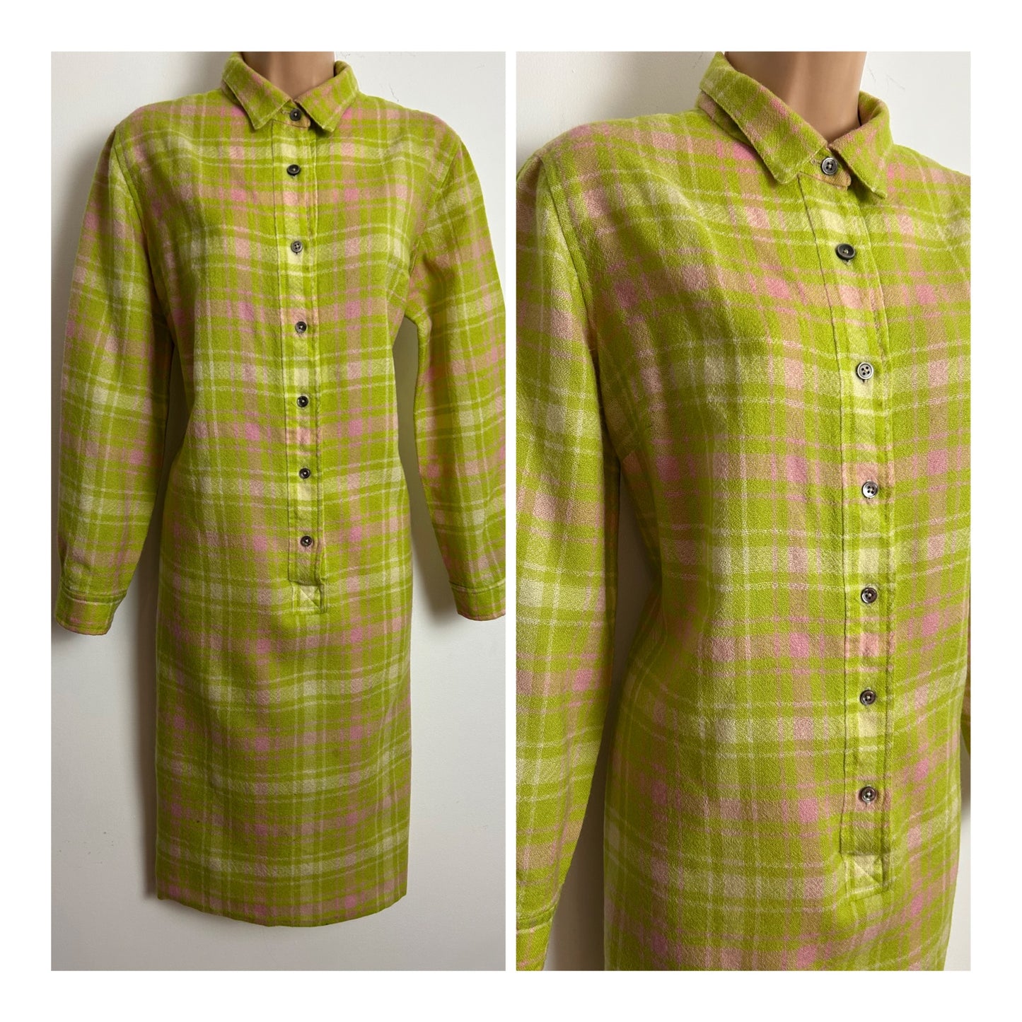Vintage 1970s PETER COLLINS Size 14-16 Lime Green & Pink Check Long Sleeve Shirt Style Dress
