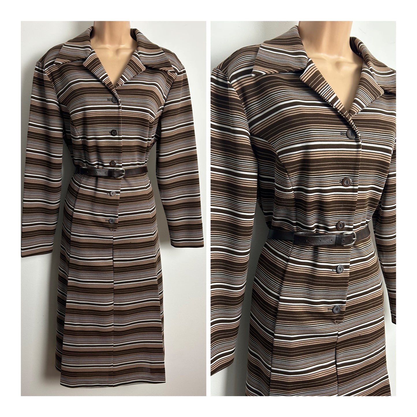Vintage 1970s C&A Size 16-18 Brown Beige & White Stripe Print Long Sleeve Belted Mod Day Dress
