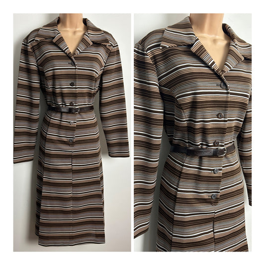 Vintage 1970s C&A Size 16-18 Brown Beige & White Stripe Print Long Sleeve Belted Mod Day Dress