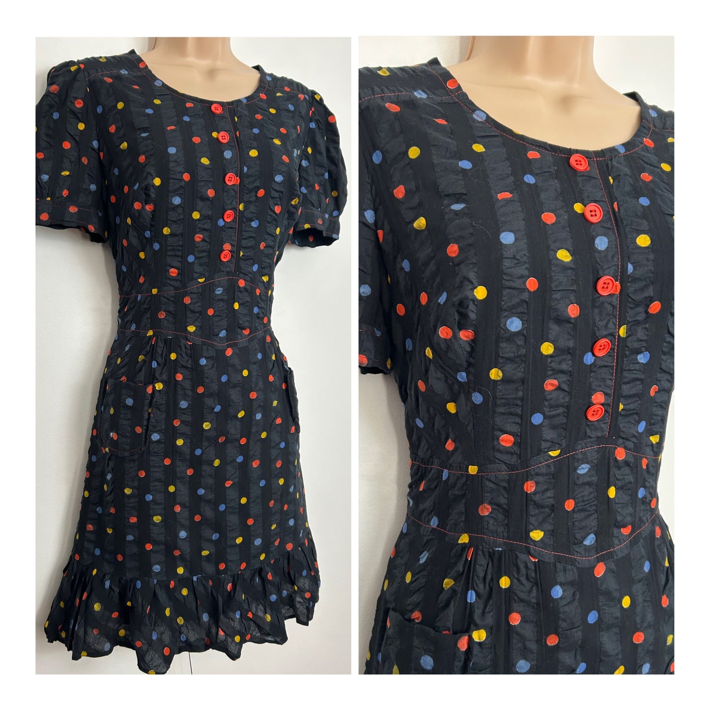 Vintage 1960s Size 10 Black Orange Yellow & Blue Polka Dot Seersucker Cotton Mini Mod Dress