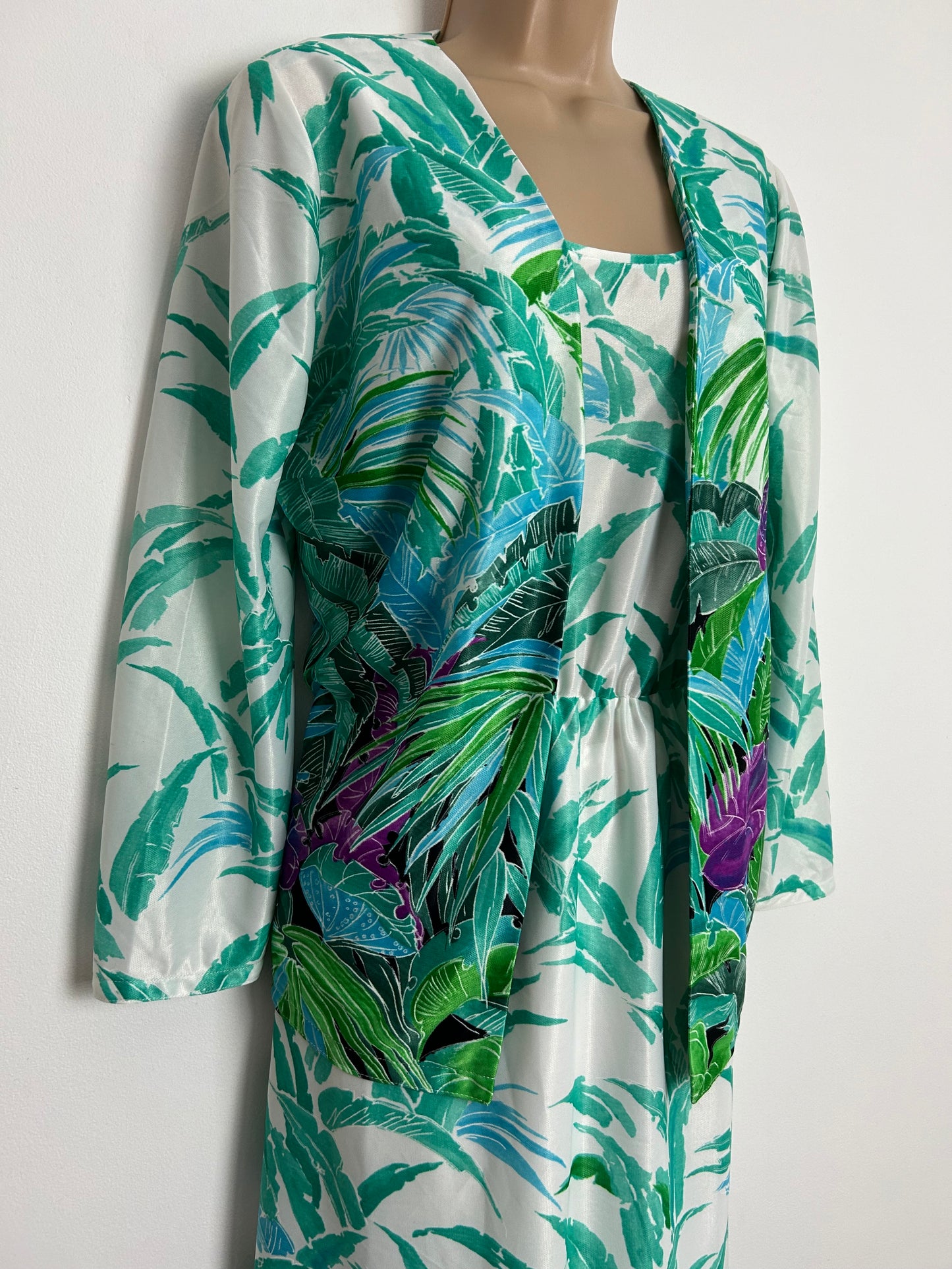 Vintage Early 1980s LAURA PHILLIPS UK Size 12 White & Green Tropical Leaf Print Summer Maxi Dress & Matching Jacket