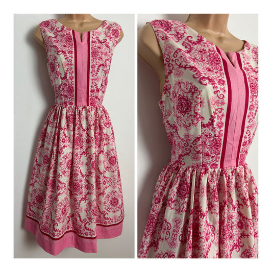 Vintage 1950s WANDA Size 12 White & Pink Tones Nouveau Print Cotton Summer Day Dress