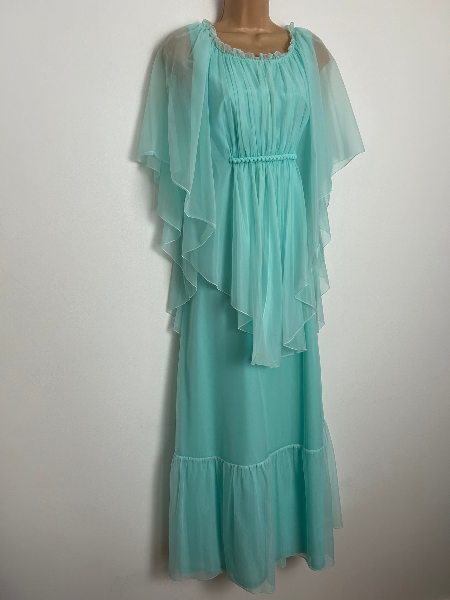 Vintage 1970s UK Size 8 Pale Icy Mint Green Nylon Cape Sleeve Plaited Boho Occasion Maxi Dress