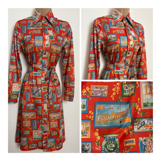 Vintage 1970s SHIRTMAKER Size 10 Red French Postcard Novelty Print Belted Shirt Dress