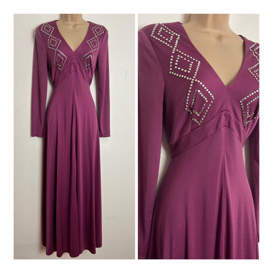 Vintage 1970s JOHN MARKS UK Size 8 Plum Purple Diamante Detail Long Sleeve Occasion Evening Maxi Dress