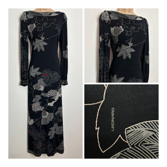 Vintage 1970s LEONARD Paris UK Size 12 Black Grey & Red Floral Print Signed Fabric Long Sleeve Silk Jersey Maxi Dress