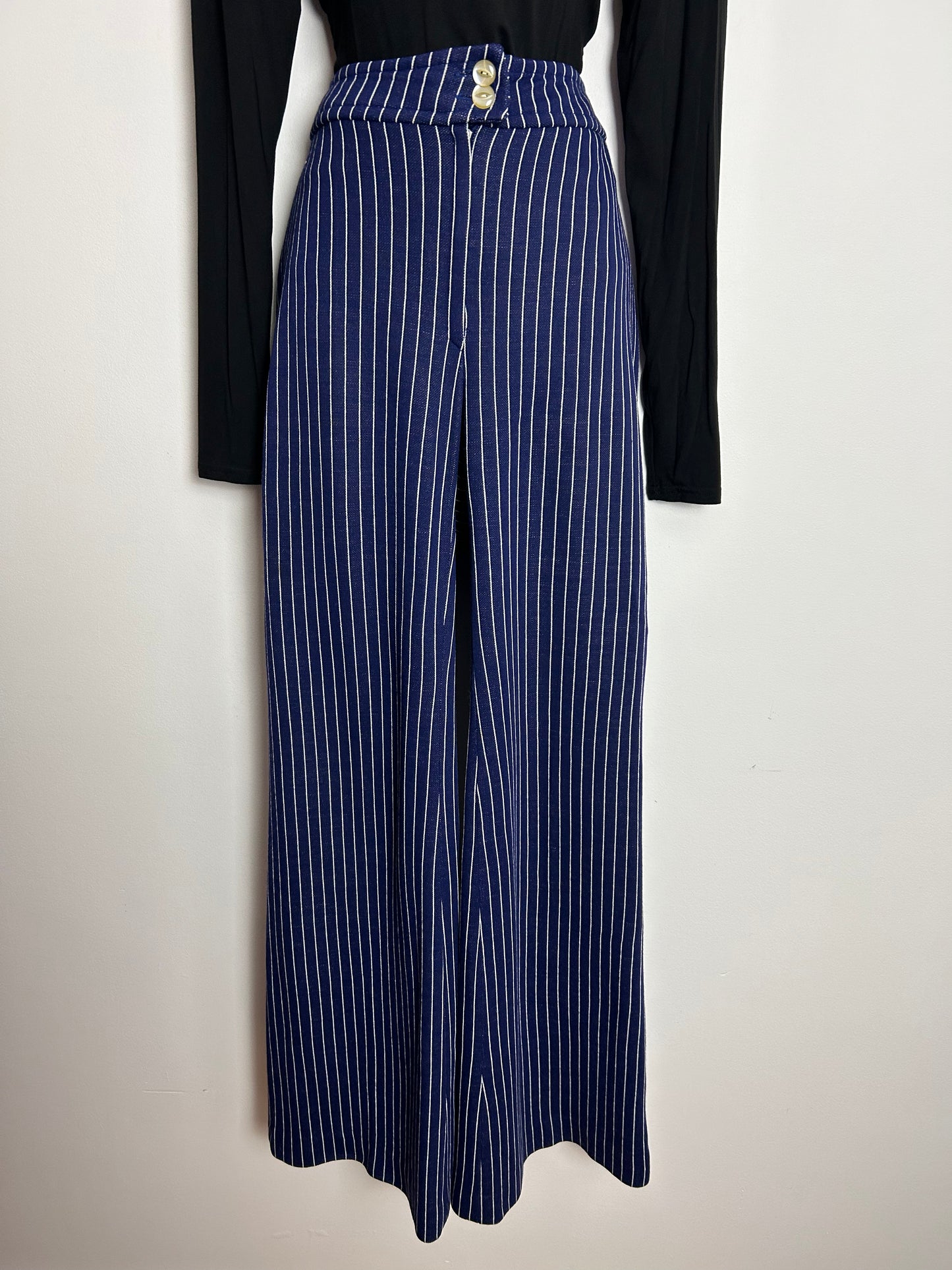 Vintage Early 1970s ST MICHAEL UK Size 8 Navy Blue & White Pinstripe Jersey Flared Trousers