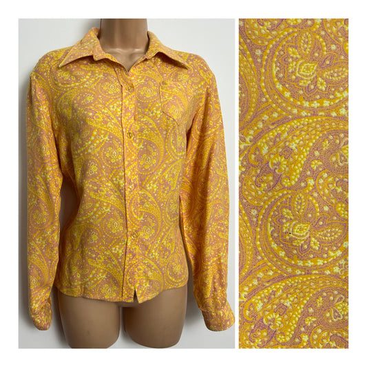 Vintage 1970s FLORINE Size 12 Orange Yellow & Pink Paisley Long Sleeve Shirt